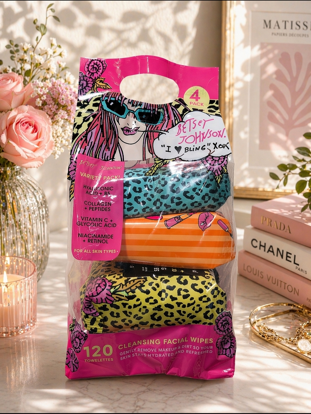Betsey Johnson Pack of 4 Colorful Cleansing Wipes - Pink, Teal, Orange, Yellow